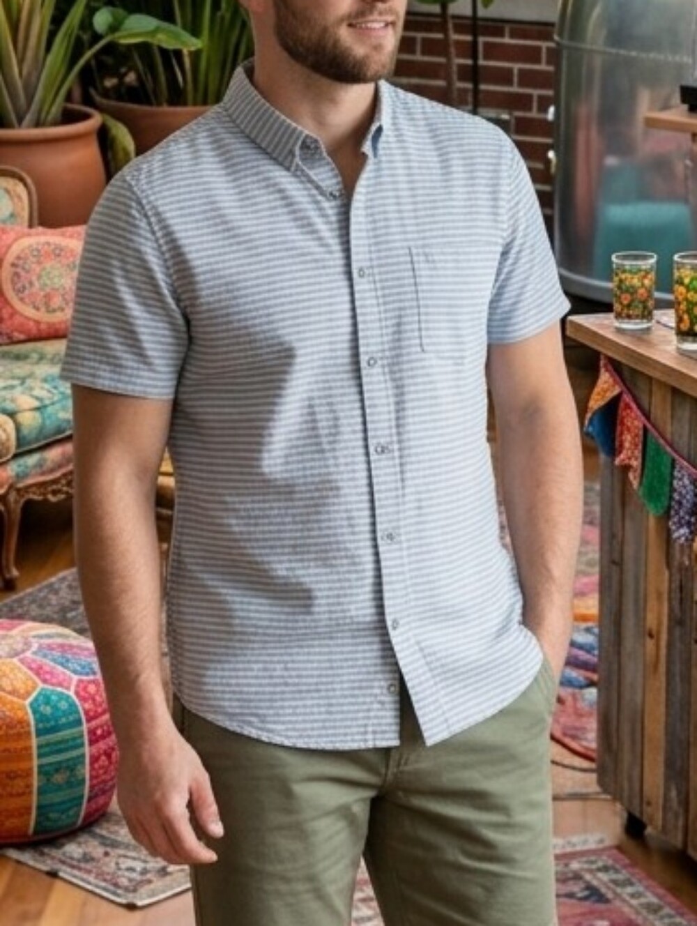 Report Collection Men's Linen/Cotton Striped Button-Down Size Large Ptp 23"